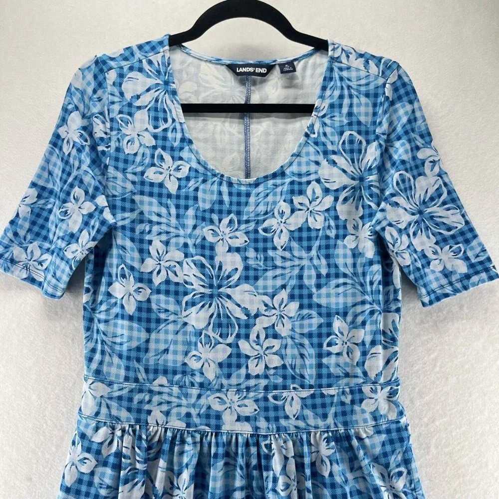 Lands End Dress S 6-8 Floral Check Short Sleeve A-Line Stretch Cotton Modal Blue - Picture 2 of 12